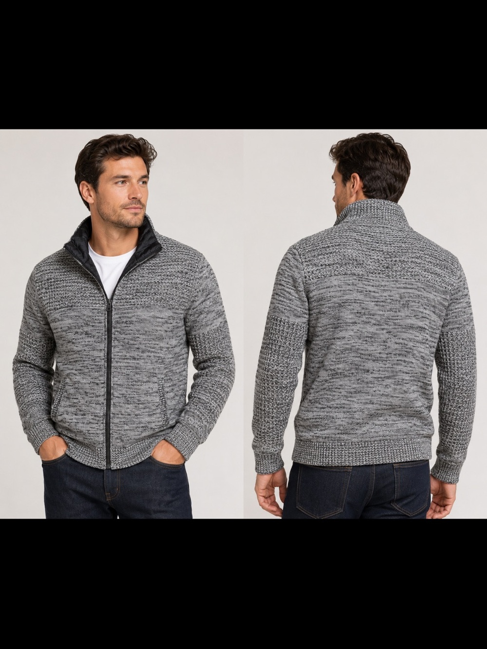 Amongst Others Men’s Gray Marled Knit Quilted Full Zip Jacket L